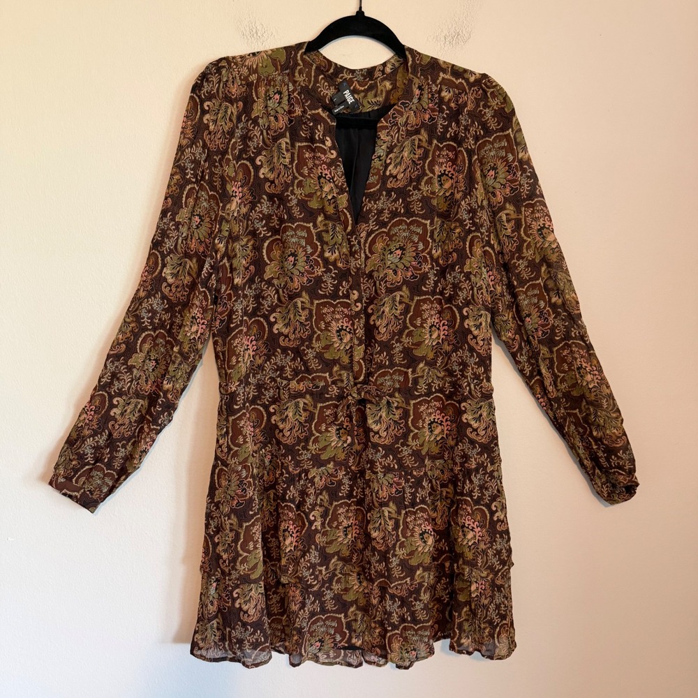 PAIGE Elias dress Silk brown paisley print L boho western chic drop waist fall - Picture 2 of 8